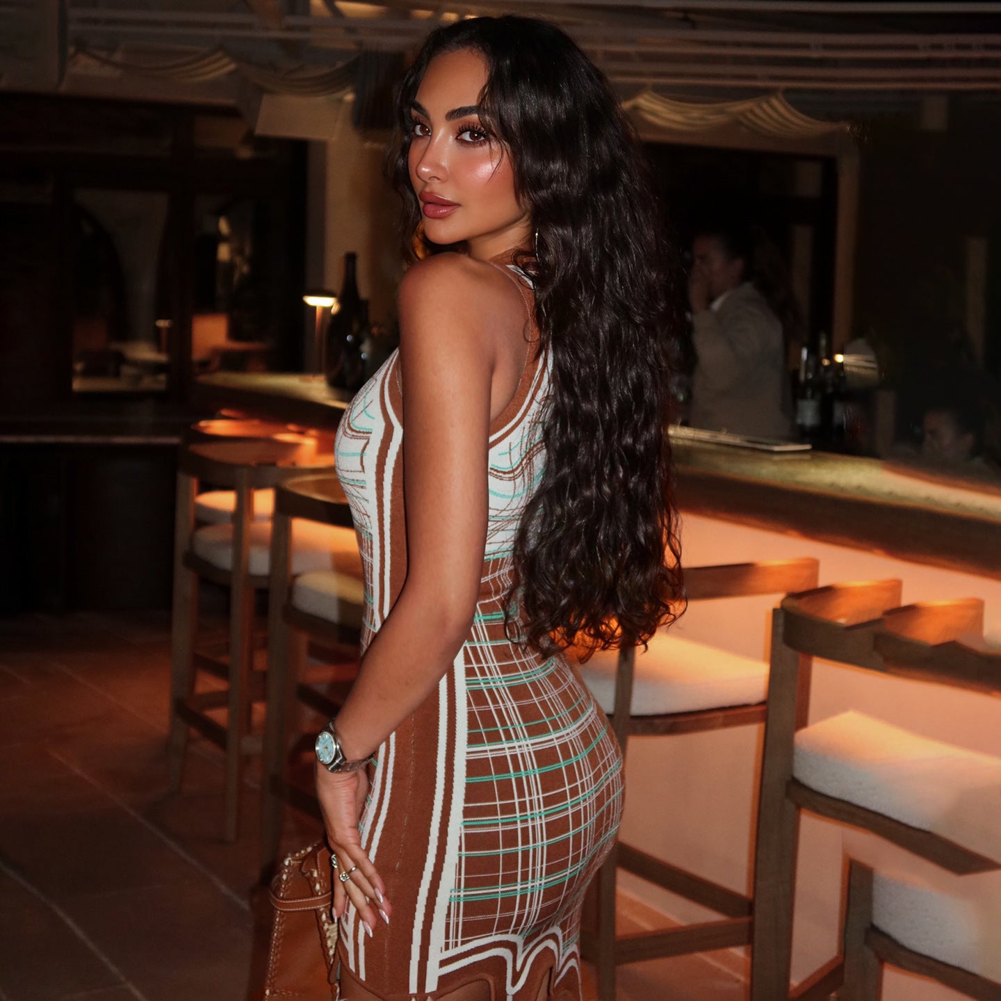 DLS summer Plaid wave hem tight sleeveless sheath dress
