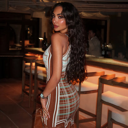 DLS summer Plaid wave hem tight sleeveless sheath dress