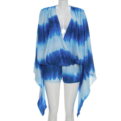 DZHT D26ST156 tie-dye printed large bell sleeve slit top and shorts two-piece suit