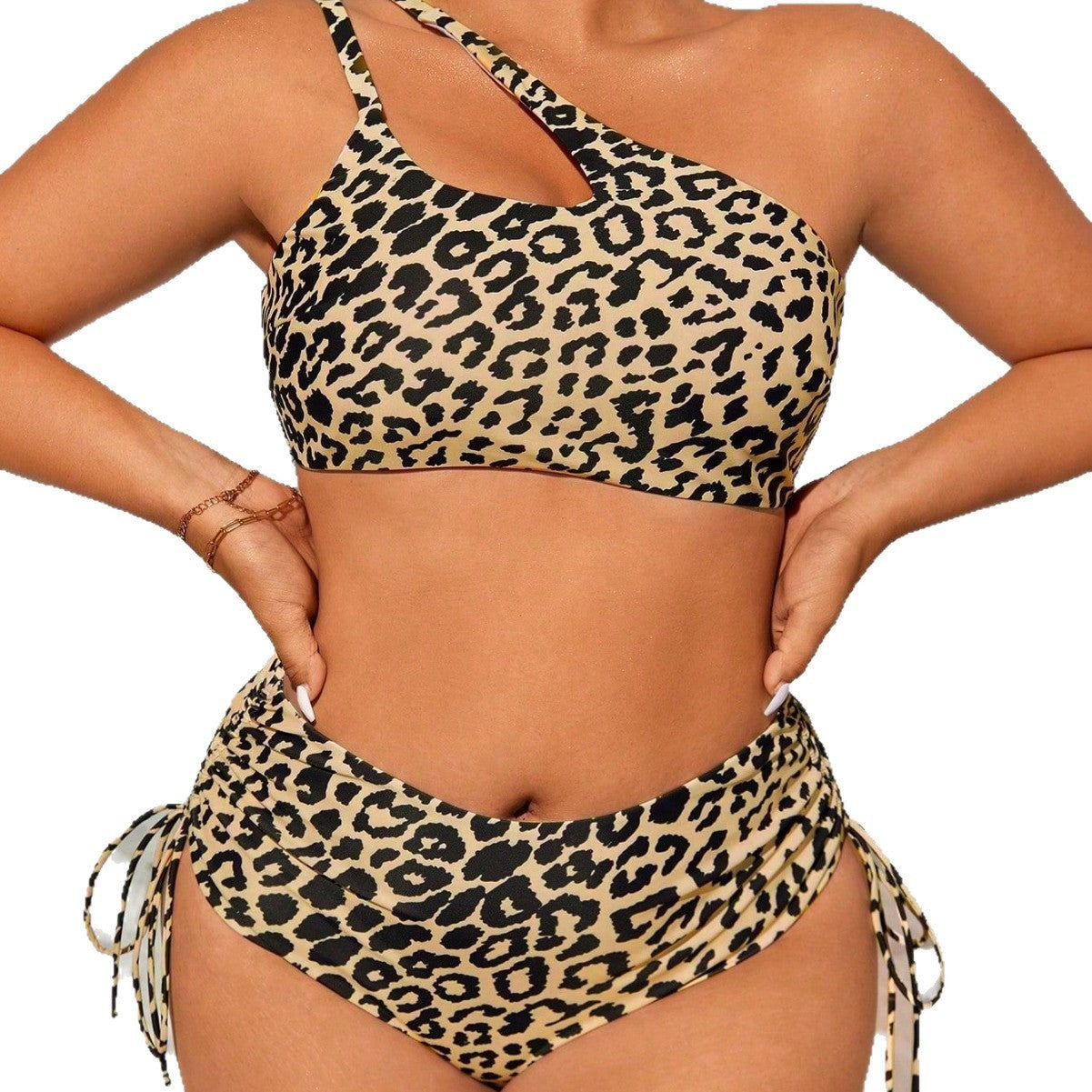 CL (L-4XL) oblique shoulder leopard print plus size swimsuit women's split high waist two-piece bikini