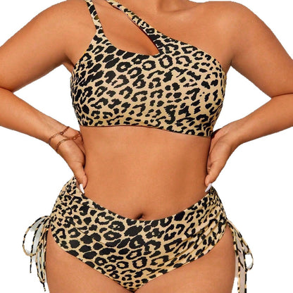 CL (L-4XL) oblique shoulder leopard print plus size swimsuit women's split high waist two-piece bikini