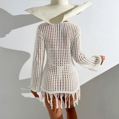 CYB beach cover-up knitted dress long sleeve all-match sun protection tassel dress
