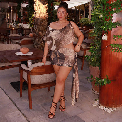 DZHT Q26DS083 single-shoulder suspender midriff outfit sheath print jumpsuit skirt