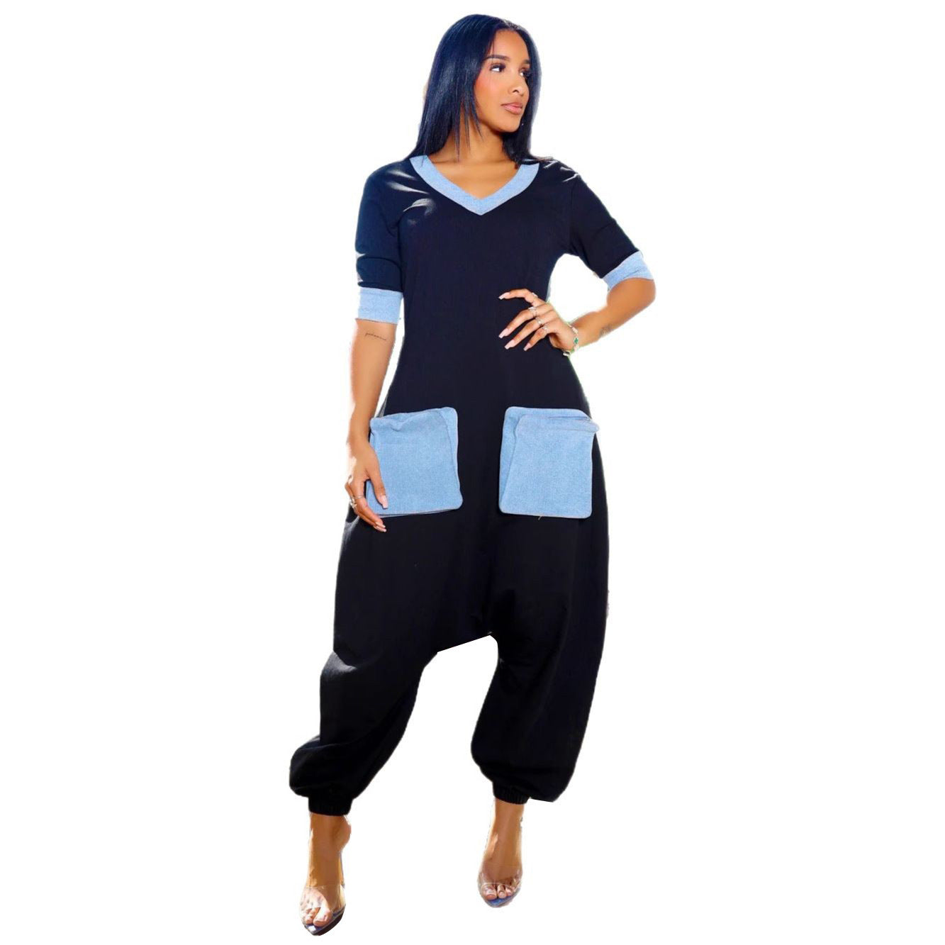 GY (S-3XL) K3600 V-Neck Denim stitching contrast color loose jumpsuit