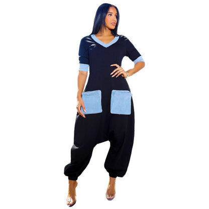 GY (S-3XL) K3600 V-Neck Denim stitching contrast color loose jumpsuit