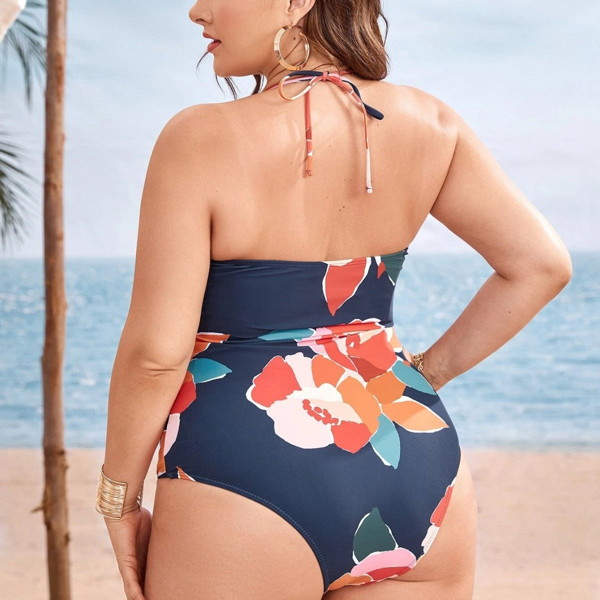LF (L-4XL) 2026 swimsuit women's Siamese triangle plus size printing