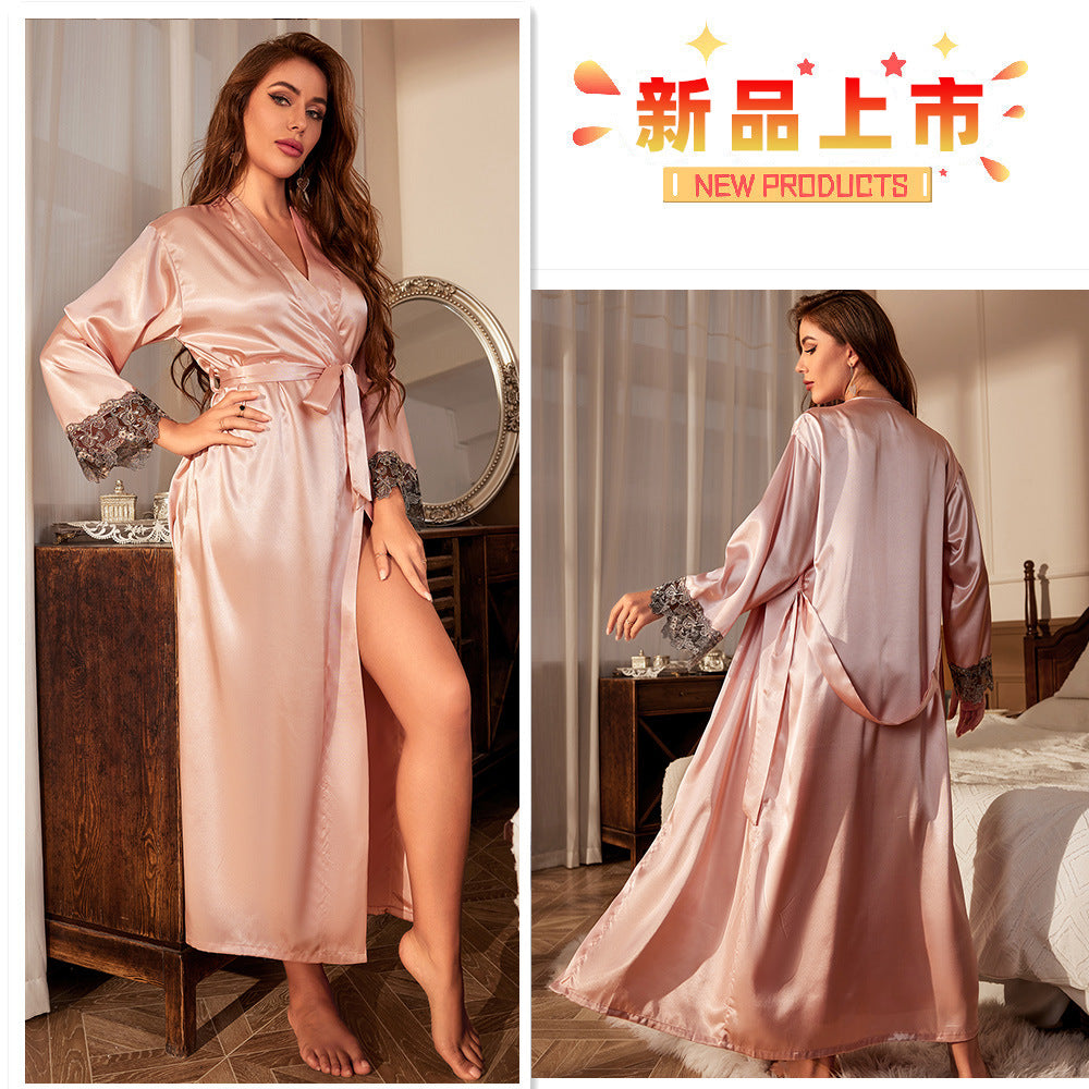 DNL plus size loose solid color long artificial silk nightdress