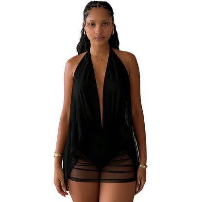 SXR 2026 spring sexy deep V halter backless hip-wrapped short mesh dress