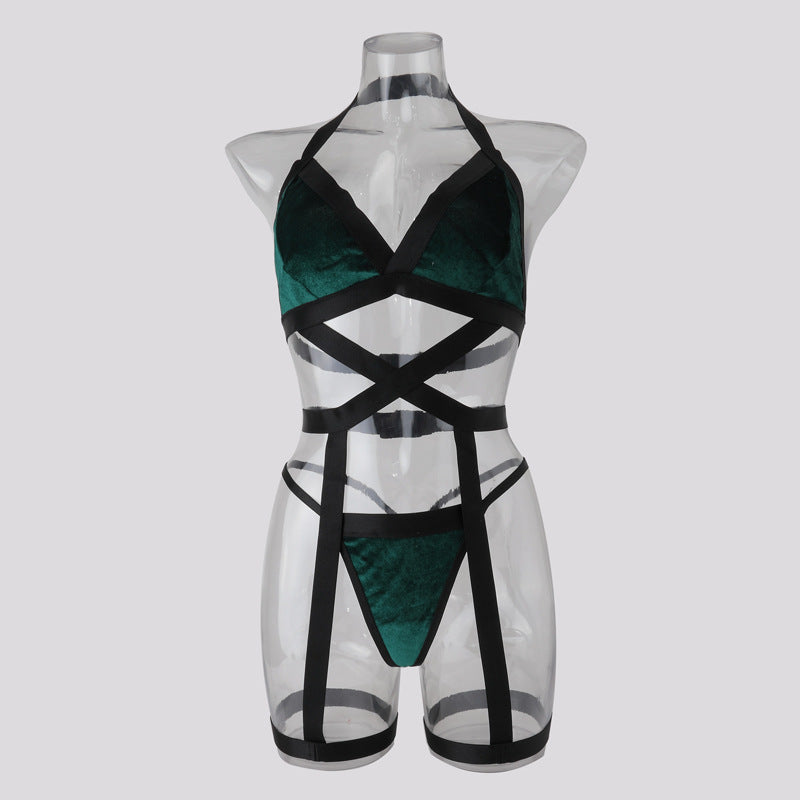 Sexy lingerie three-point bikini one-piece swimsuit fluff backless hollow-out swimsuit