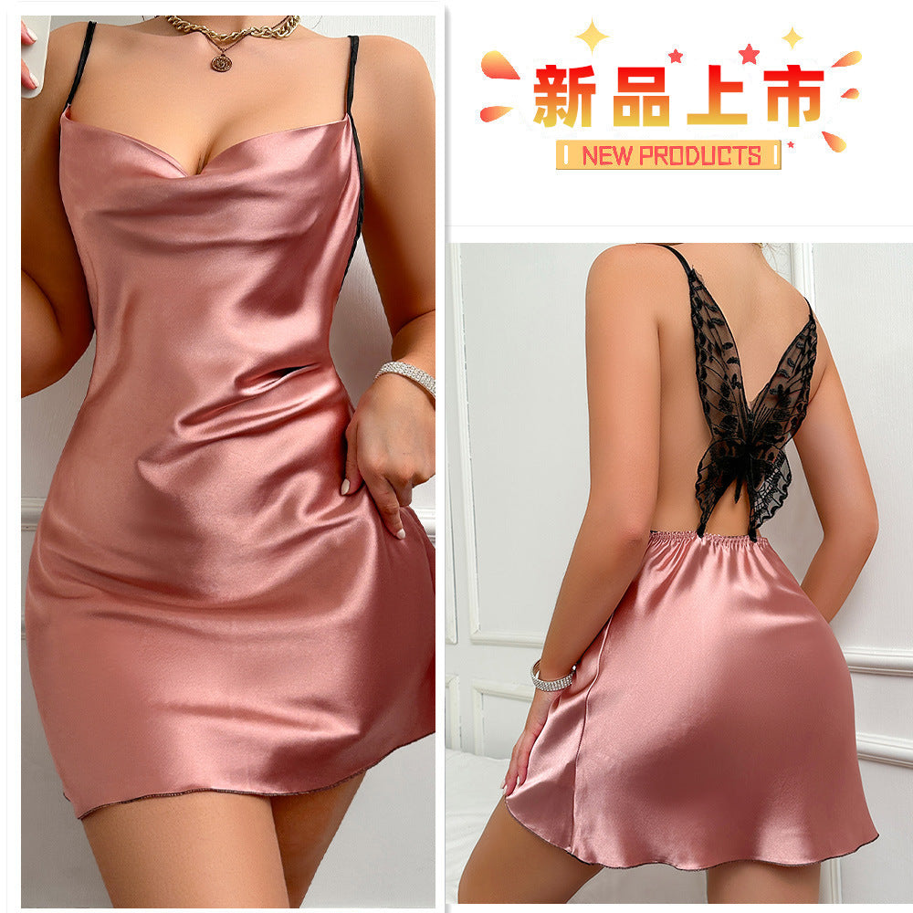 DNL short backless slip dress silk-like dress women's silk pajamas nightdress