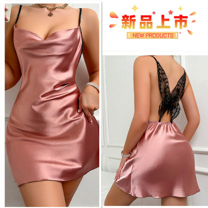 DNL short backless slip dress silk-like dress women's silk pajamas nightdress