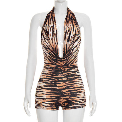 DZHT D26RP046 blooming tiger stripe pattern halter swing collar bare back one-piece shorts