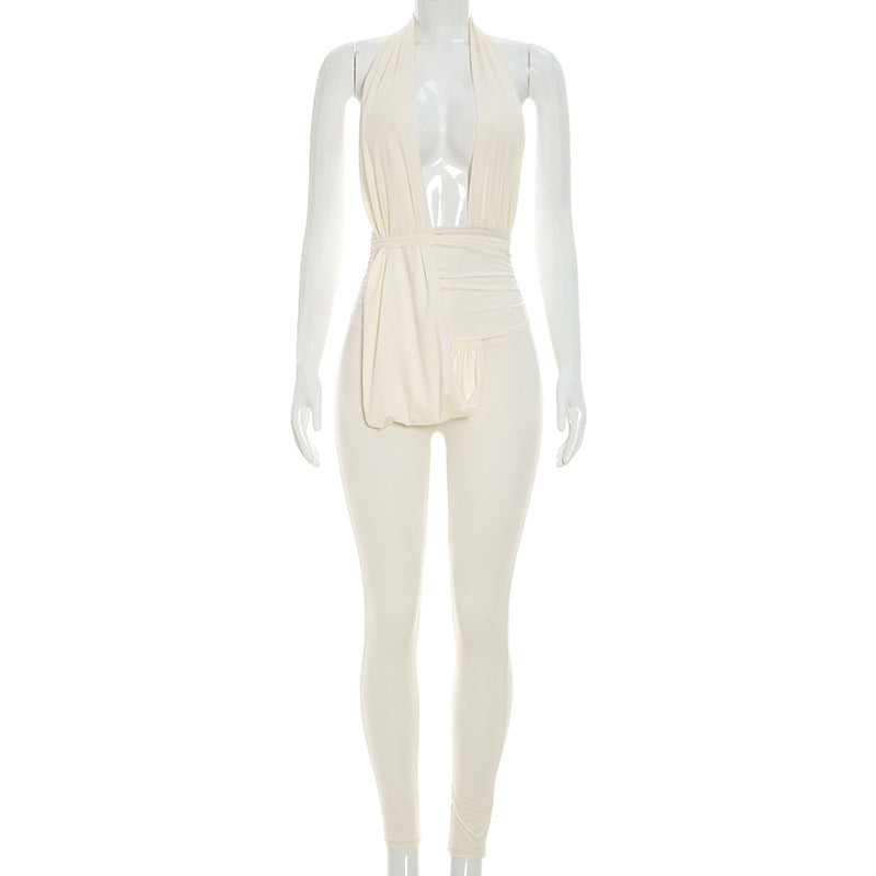 DZHT D26JP219 halter deep V-neck slim-fit hot girl swing collar backless Siamese trousers