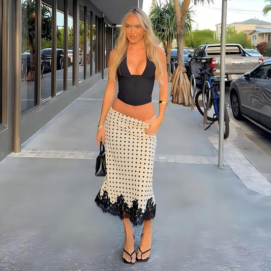 DLS 2026 Summer versatile polka dot printed lace stitching midi skirt