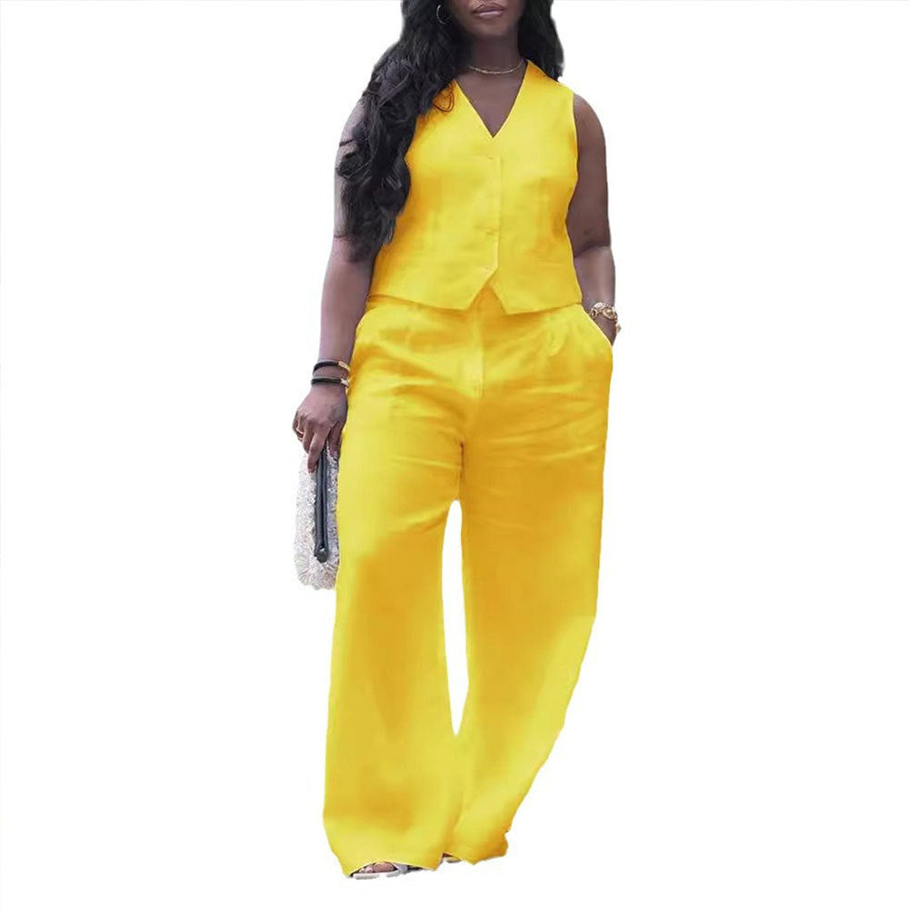GY (S-3XL) S10896 V-neck vest wide leg pants suit