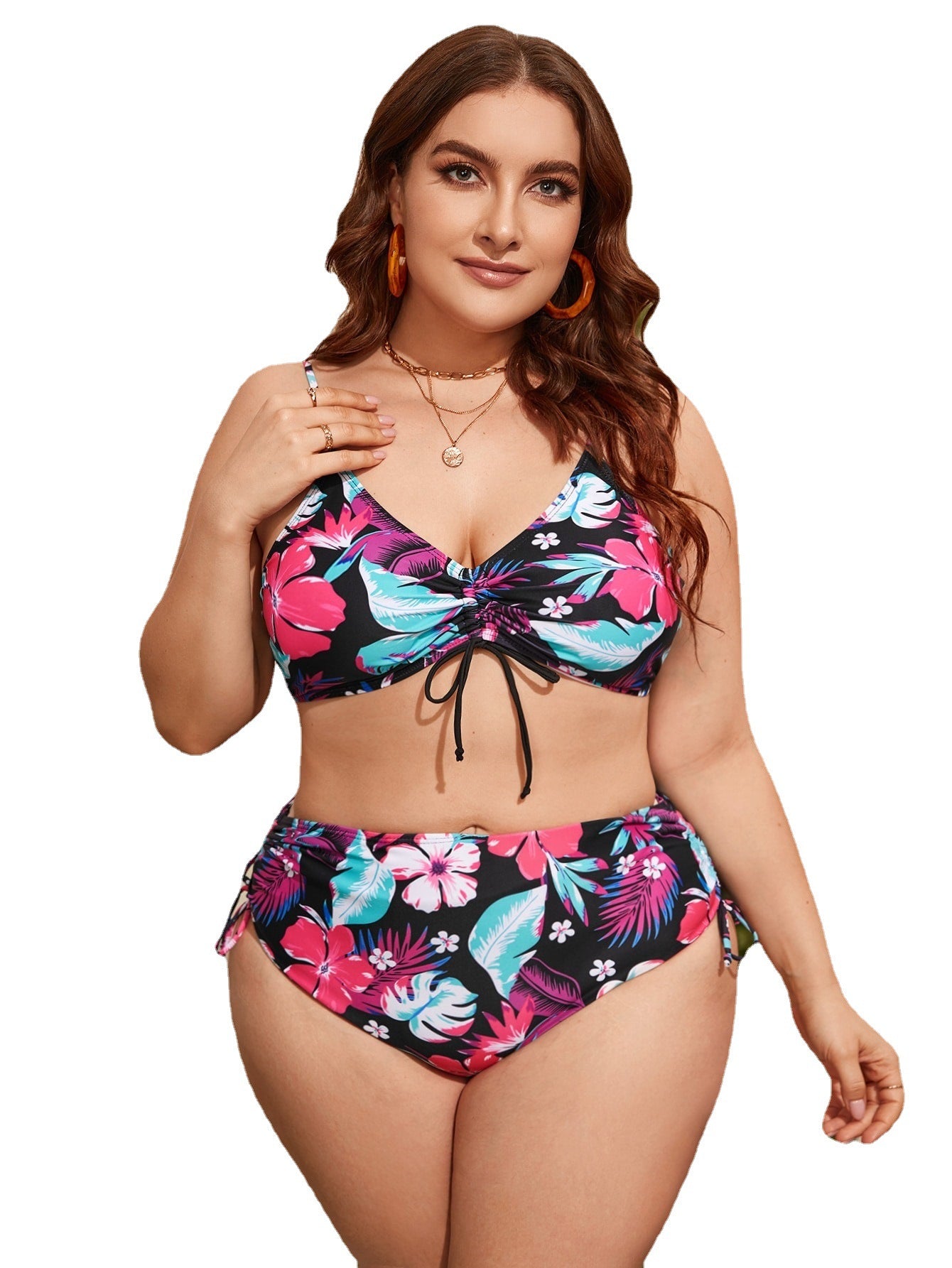 LF (L-4XL) women's split color printing swimsuit plus size