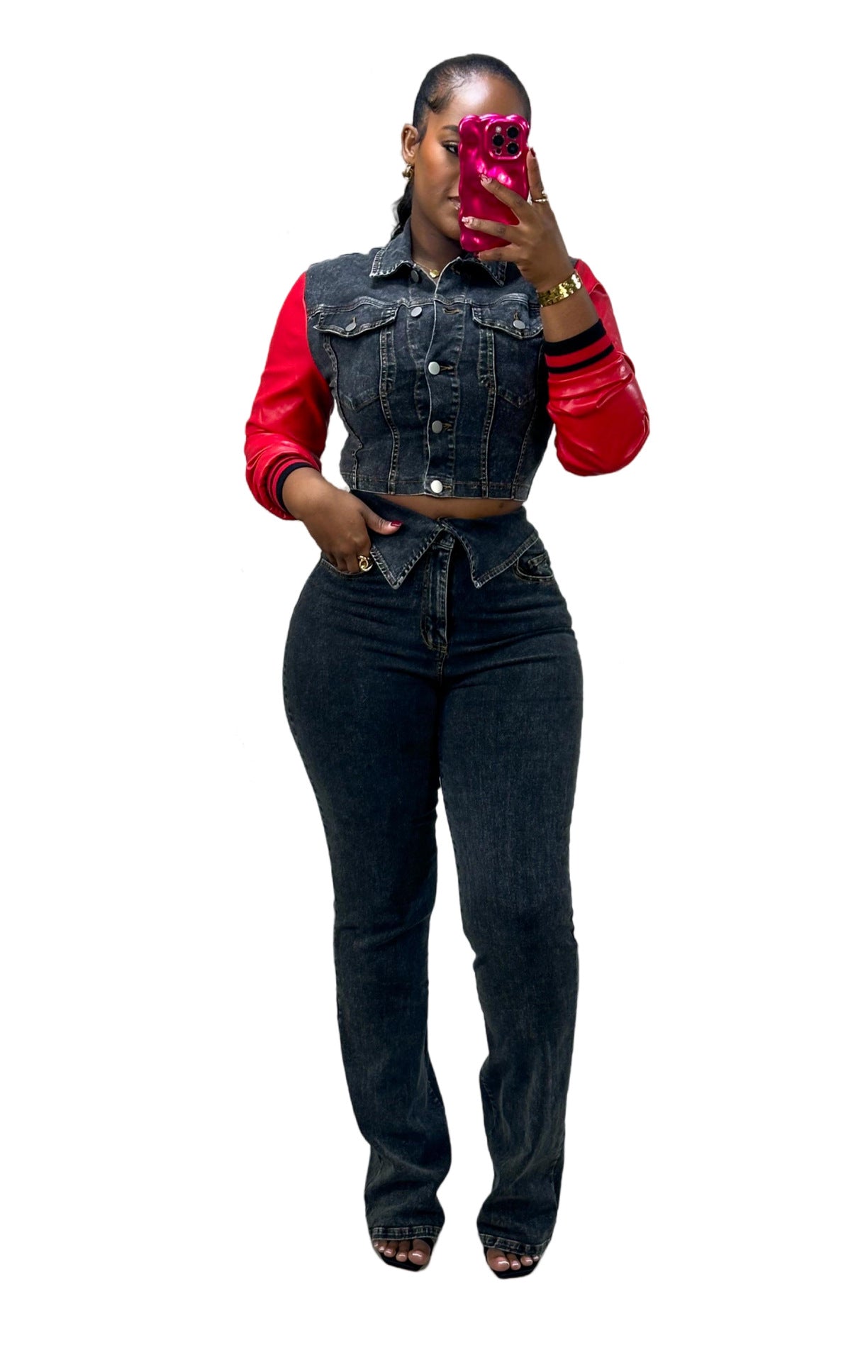 MZ (S-2XL) MZ88611 leather U denim stitching stretch trousers