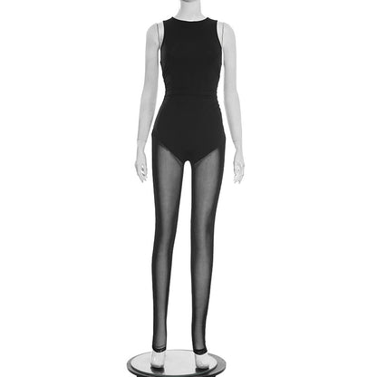 DZHT C25JP457 nude feel tight 2026 Summer Fashion mesh see-through sleeveless jumpsuit