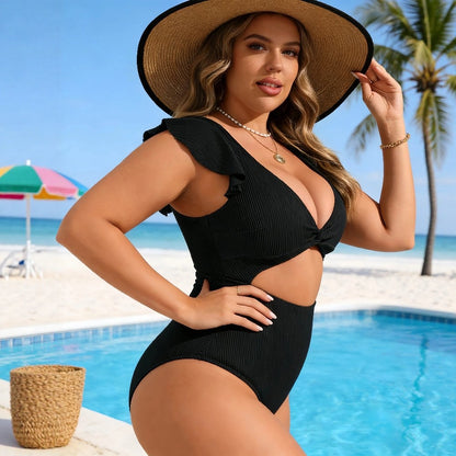 CL (L-4XL) 2026 one-piece high waist swimsuit female wooden ear waist hollow out