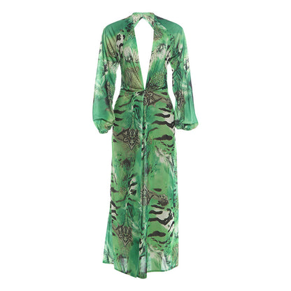 SXR K6D11375A summer backless deep V split long sleeve dress