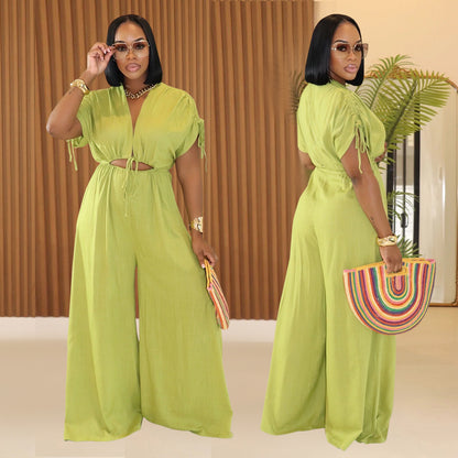 XYZ C7388 casual V-neck lace-up wide-leg jumpsuit
