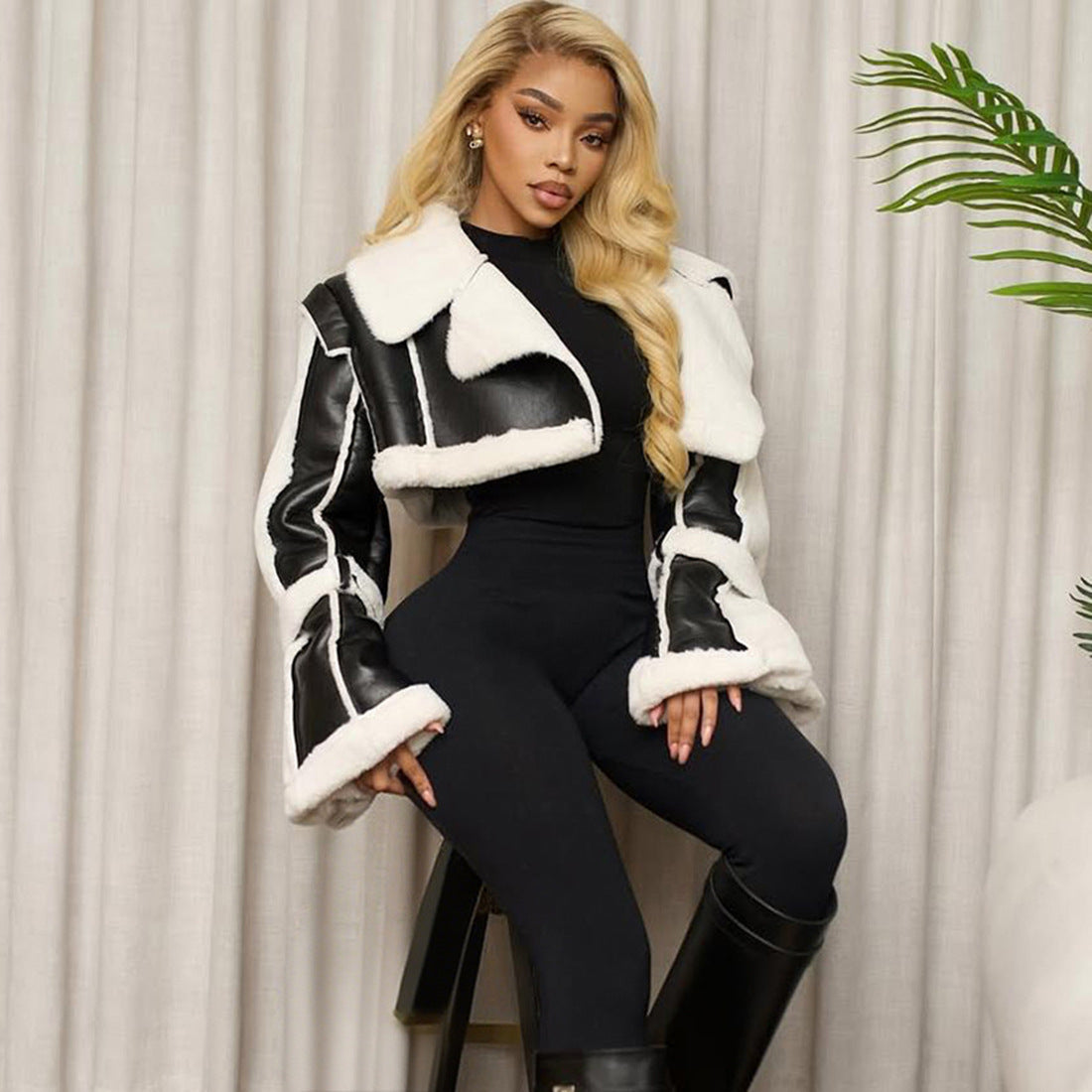 SXR autumn fashion PU leather stitching short fur collar navel coat