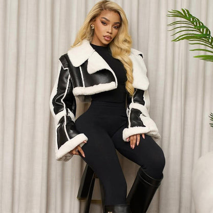 SXR autumn fashion PU leather stitching short fur collar navel coat