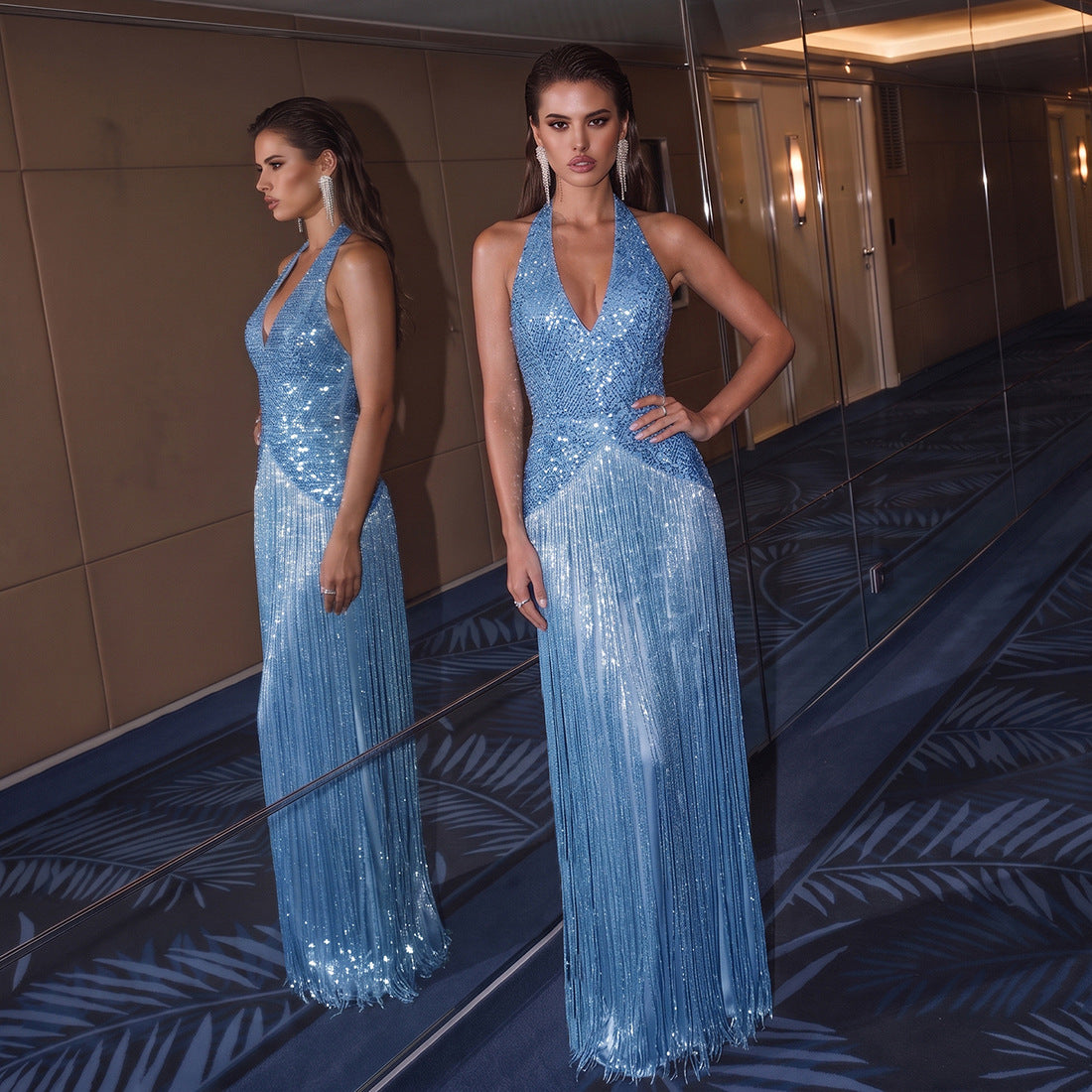 SXR K6D11483A summer elegant sequins tassel design dress
