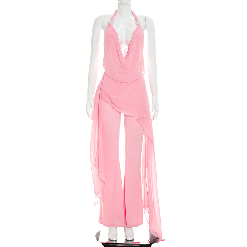 DZHT D26JP193 fake two-piece chiffon stitching halter strap ribbon one-piece trousers