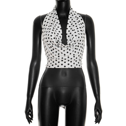 DZHT J26TP092 fashion deep V swing collar polka dot backless lace-up top