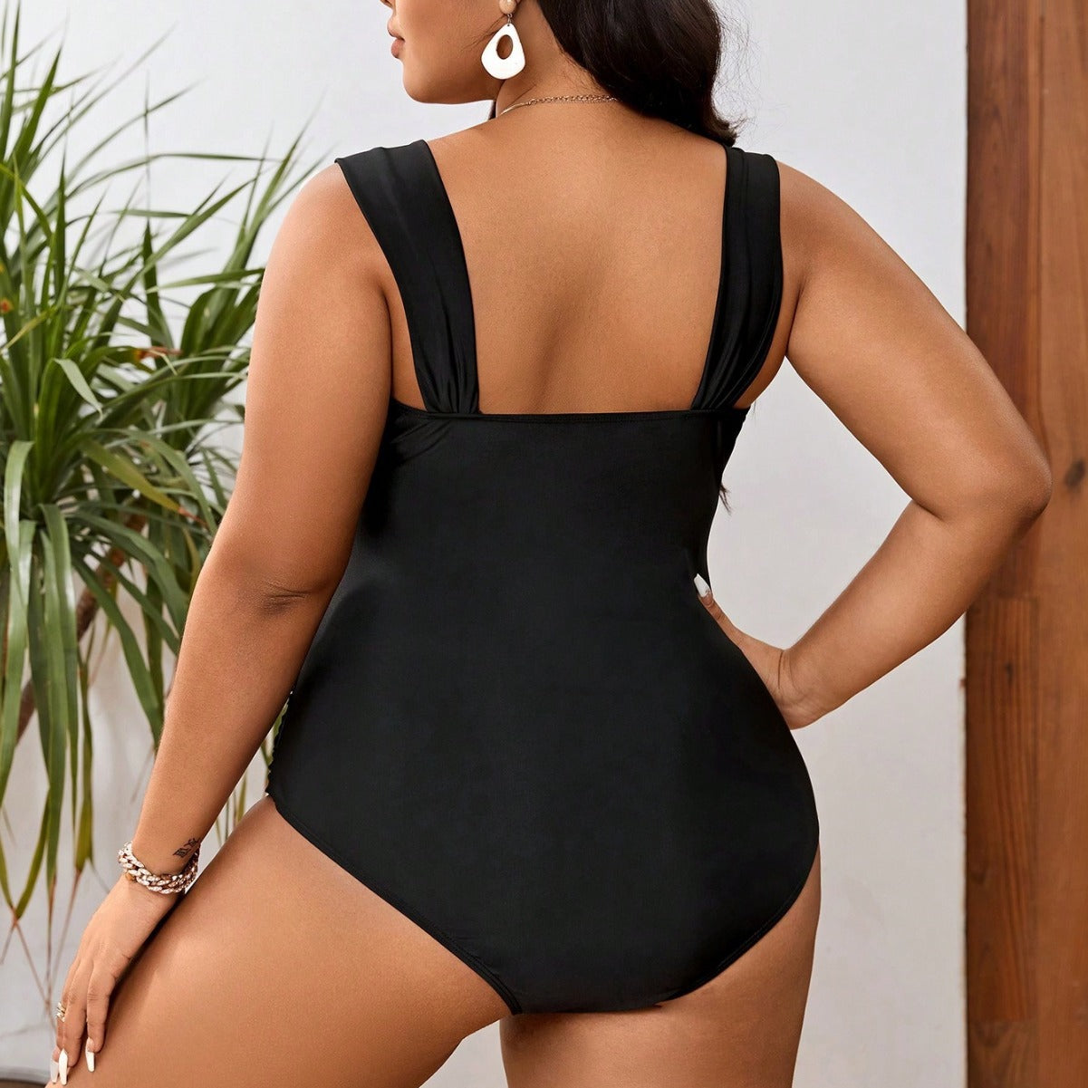 LF (L-4XL) bikini sexy suit one-piece black solid color plus size swimsuit