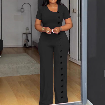 GY (S-3XL) S10893 irregular neckline tight waist wide leg breasted jumpsuit