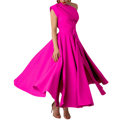 MYF (S-2XL) summer sleeveless diagonal collar waist-controlled large hem dress