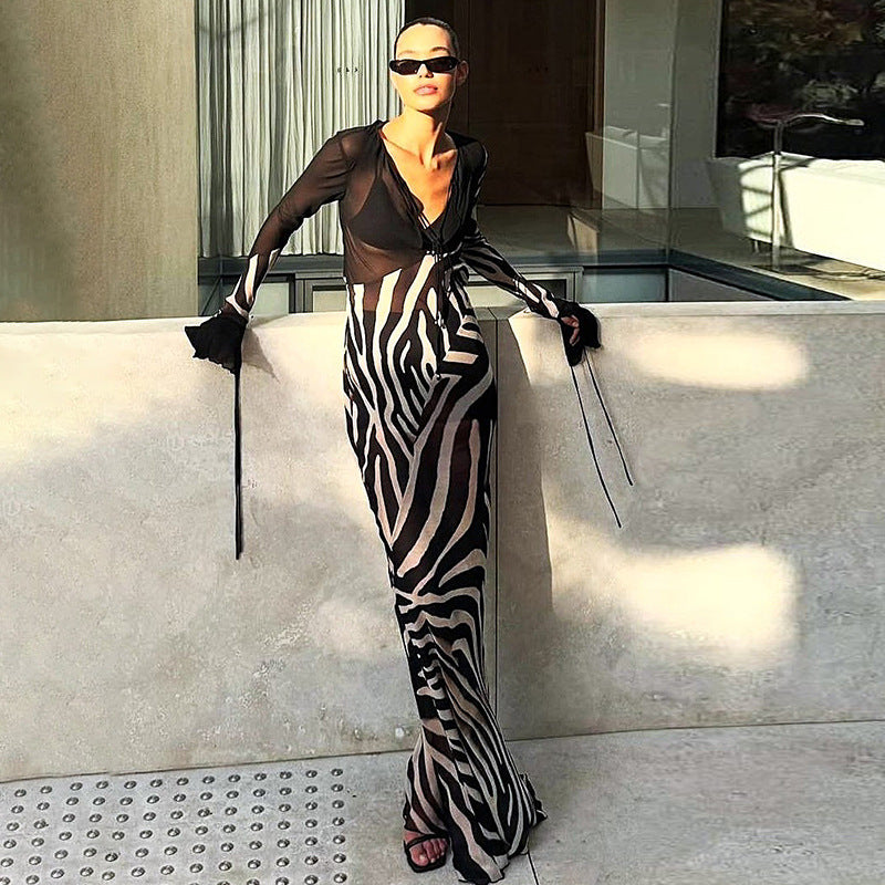 SXR summer fashion color contrast printed V-neck mesh long sleeve dress