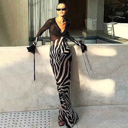 SXR summer fashion color contrast printed V-neck mesh long sleeve dress