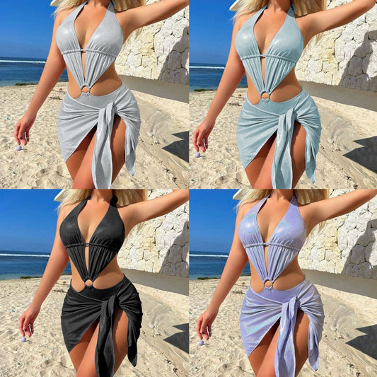(4 days ready to ship) SY bright two-piece set hollow out one piece swimsuit bikini