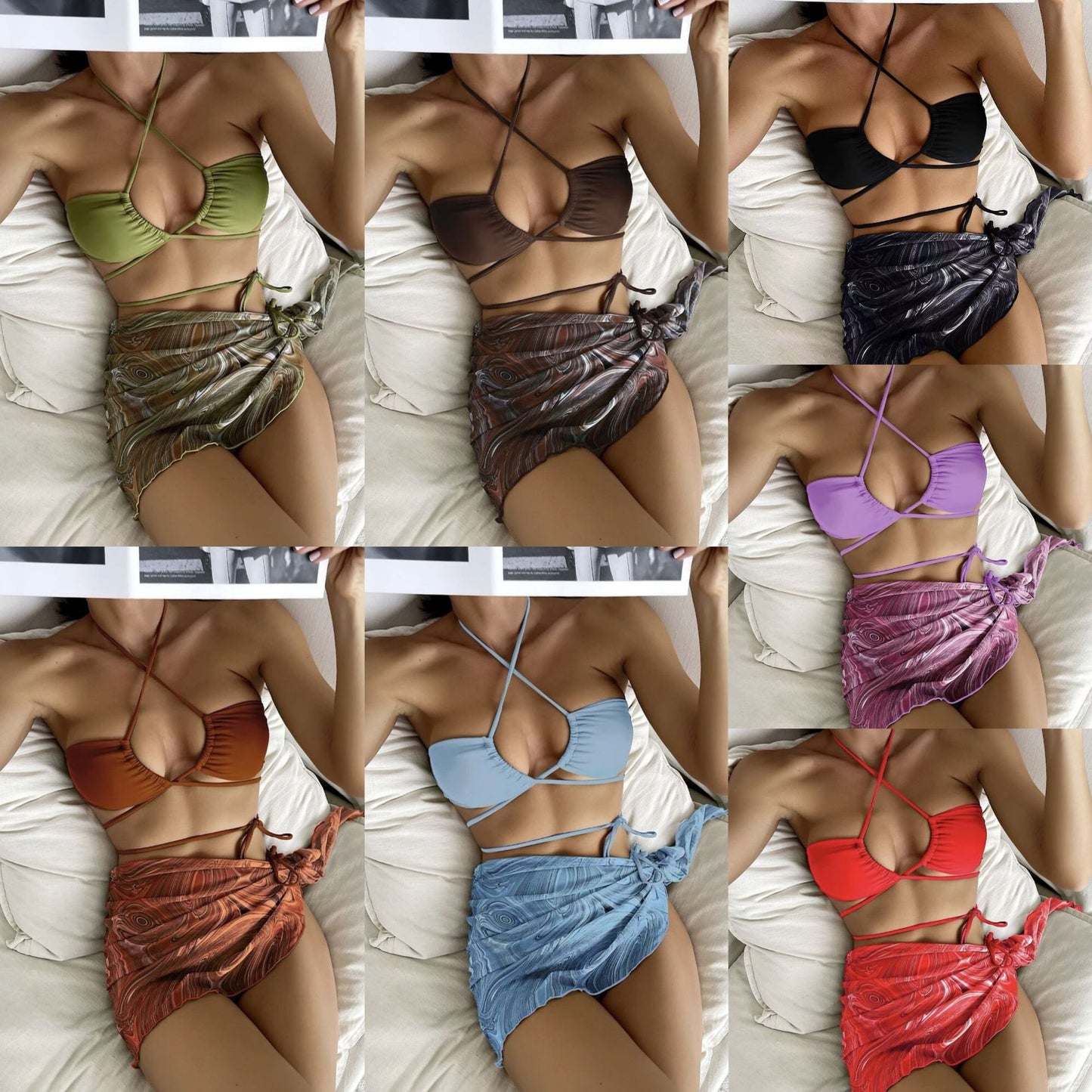 (4 days ready to ship) SY drawstring lace skirt mesh three-piece bikini
