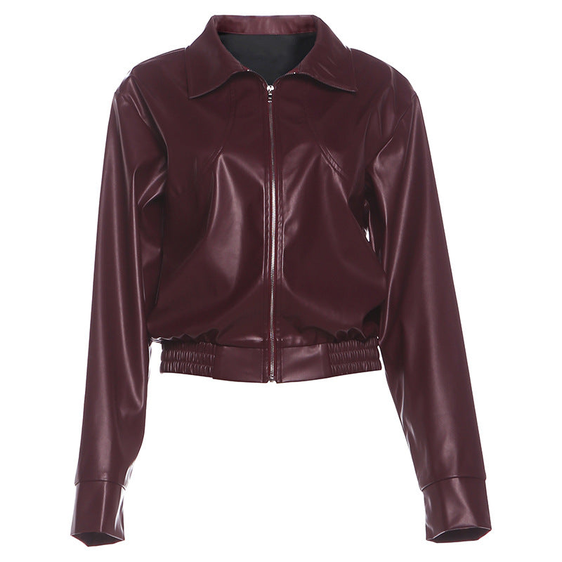 SXR fall and winter lapels zipper solid color casual poly urethane leather stitching long sleeve jacket