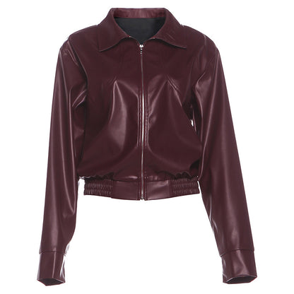 SXR fall and winter lapels zipper solid color casual poly urethane leather stitching long sleeve jacket