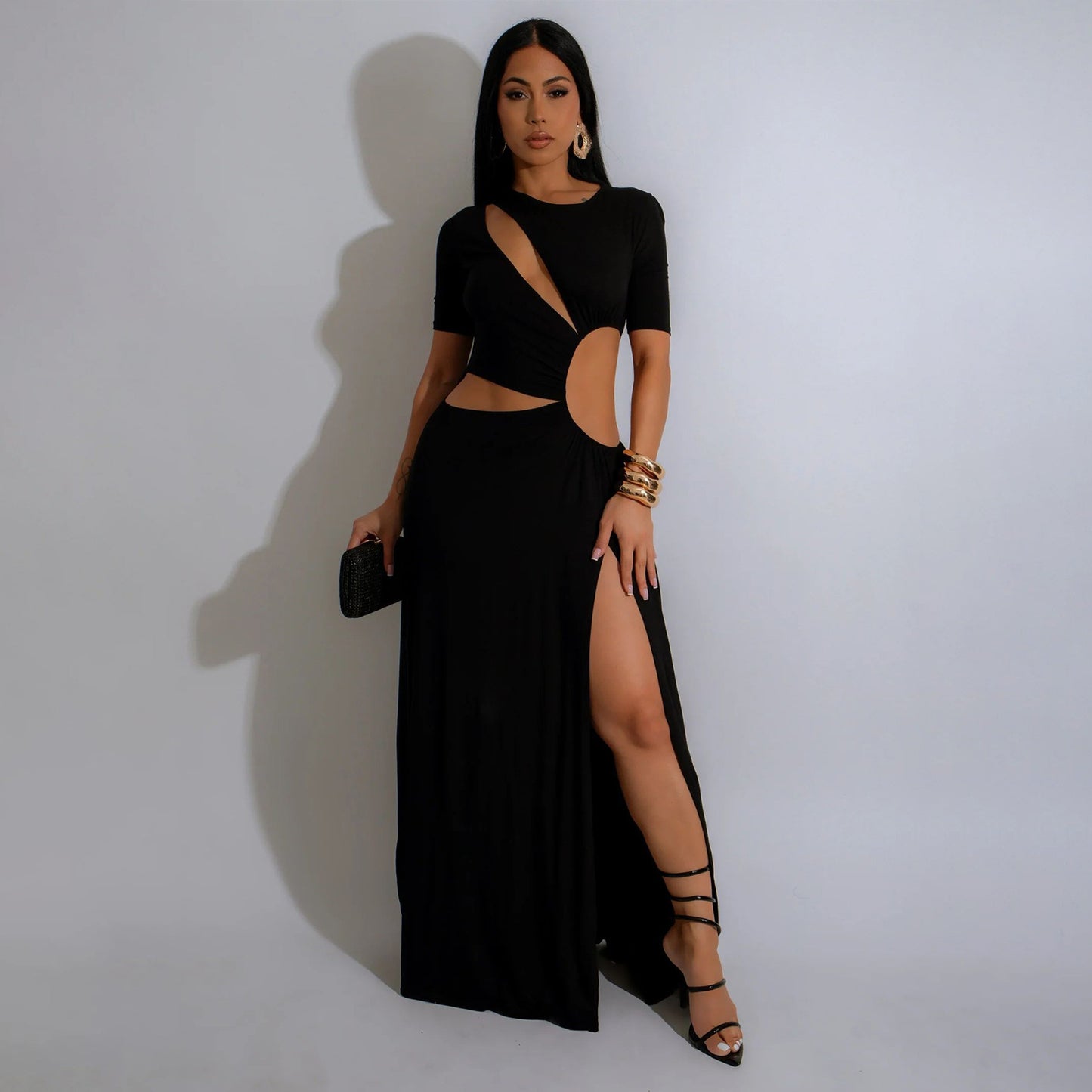 MYF (S-2XL) K10805 midriff outfit irregular long dress short sleeve dress