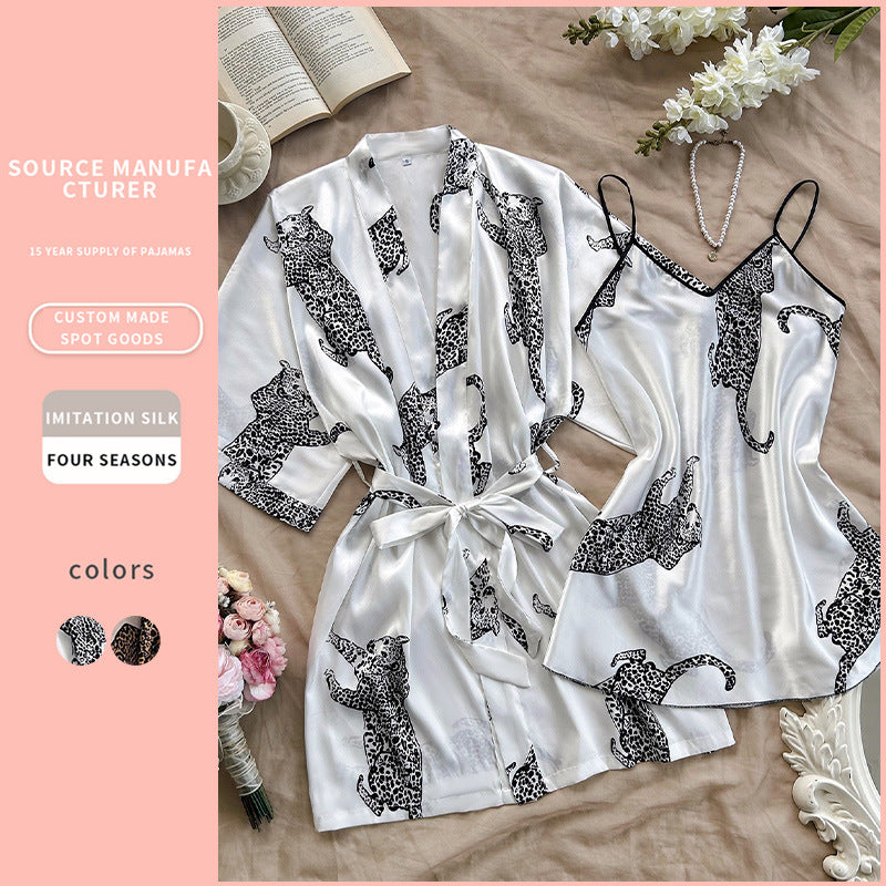 DNL imitated silk pajamas V-neck long slip nightdress two-piece pajamas suit