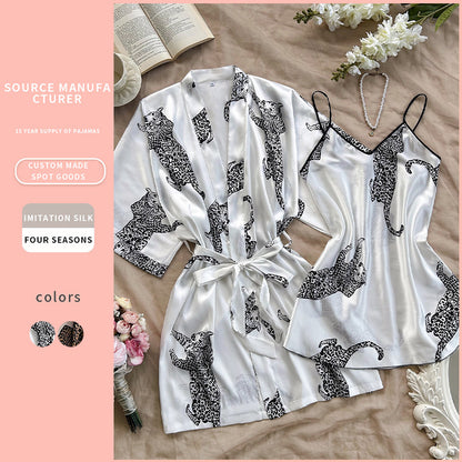 DNL imitated silk pajamas V-neck long slip nightdress two-piece pajamas suit