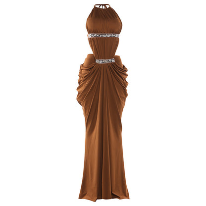 DLS Spring sequin stitching halter backless thin strap sexy front slit dress