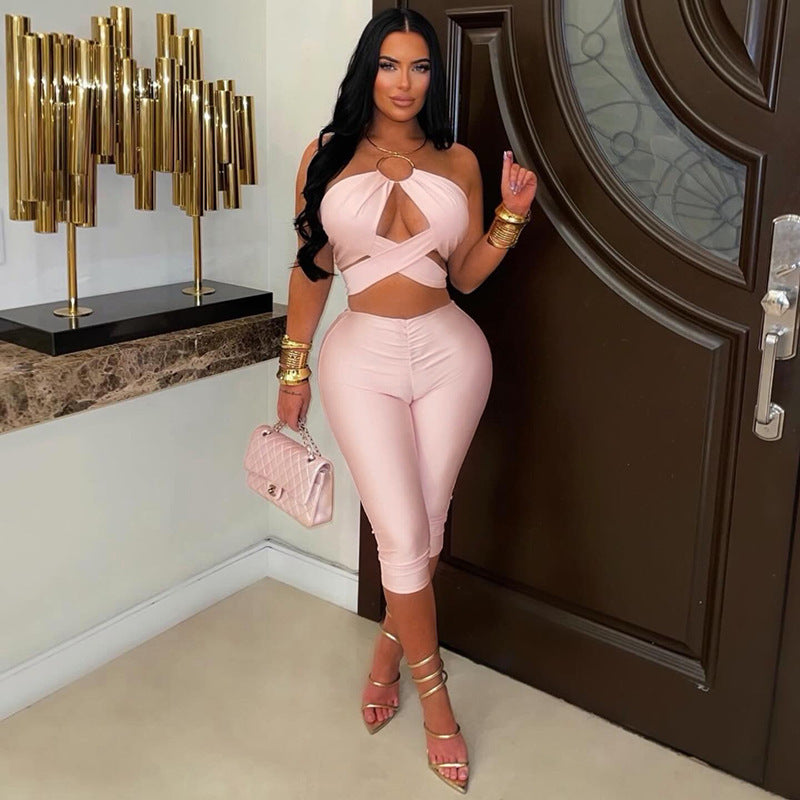 DZHT C26ST219 solid color hollow-out halter top tight cropped pants suit