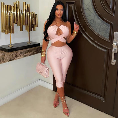 DZHT C26ST219 solid color hollow-out halter top tight cropped pants suit