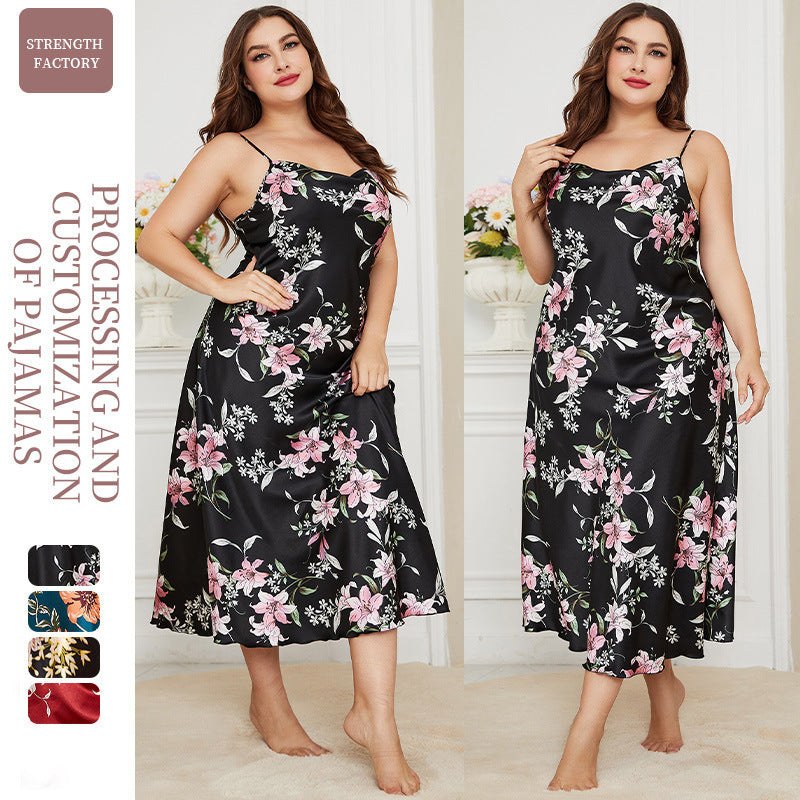 DNL plus size ice silk pajamas pajamas imitation silk printing slip nightdress