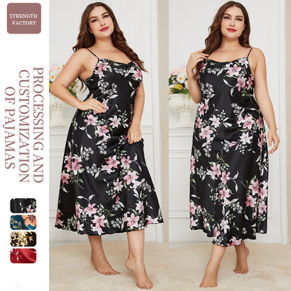DNL plus size ice silk pajamas pajamas imitation silk printing slip nightdress