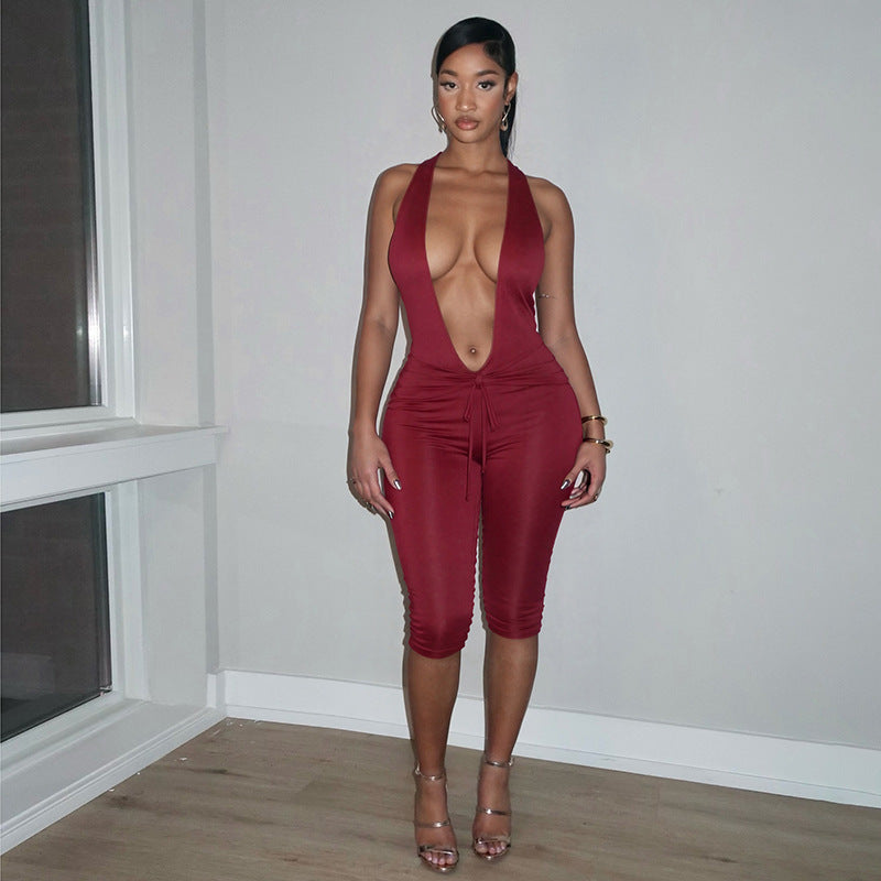 DZHT C26JP020 spring lace-up halterneck jumpsuit cropped pants
