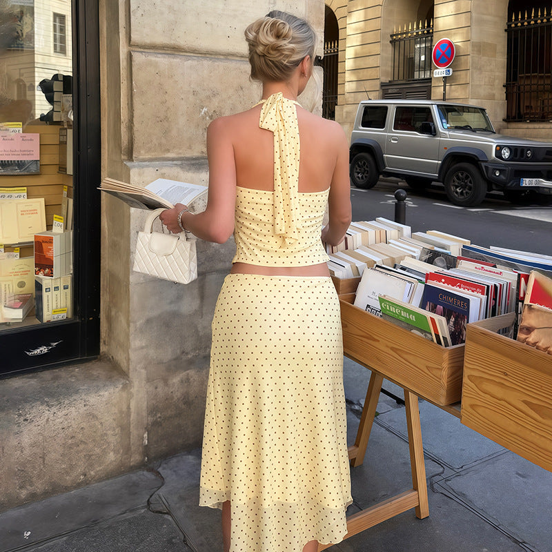 SXR K6S09678A summer polka dot halter swing collar vest long skirt suit