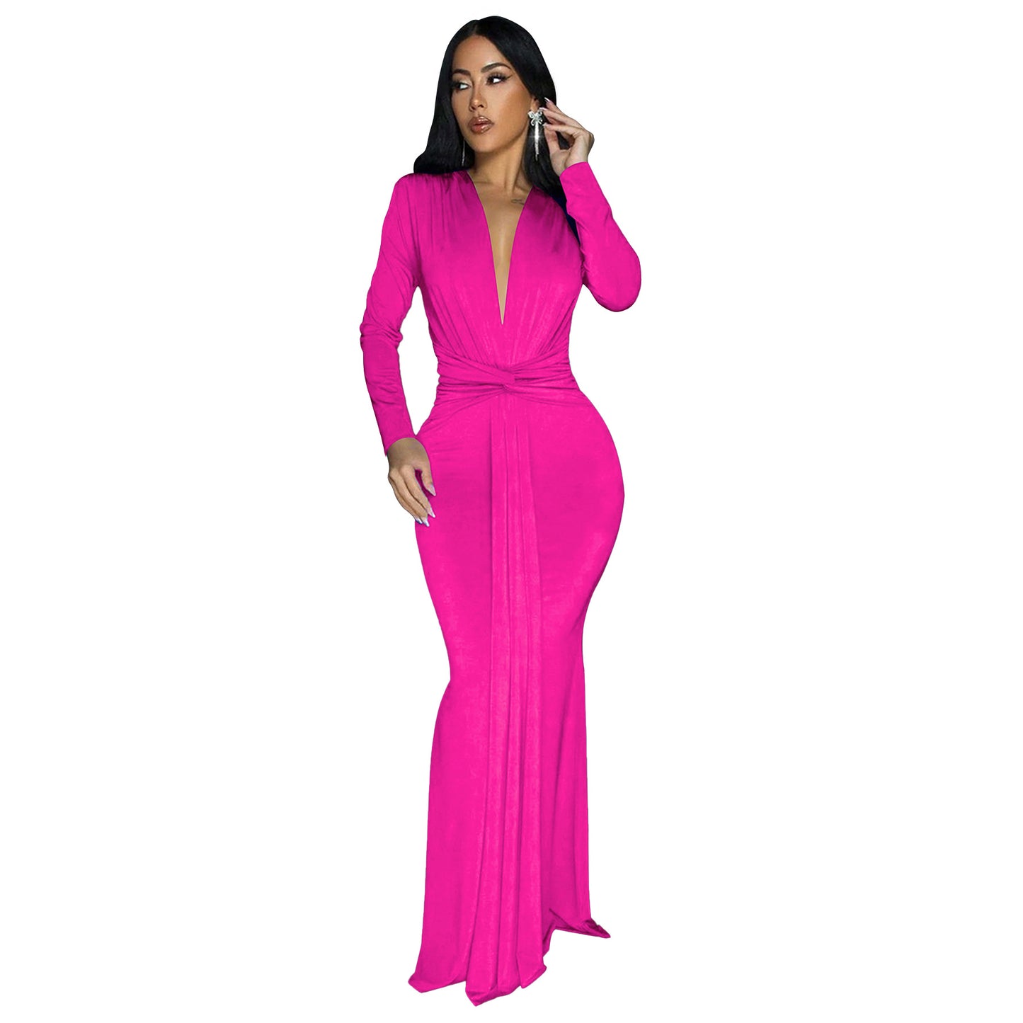 MYF (S-2XL) 061 long dress autumn and winter long sleeve fitted waist pleated dress